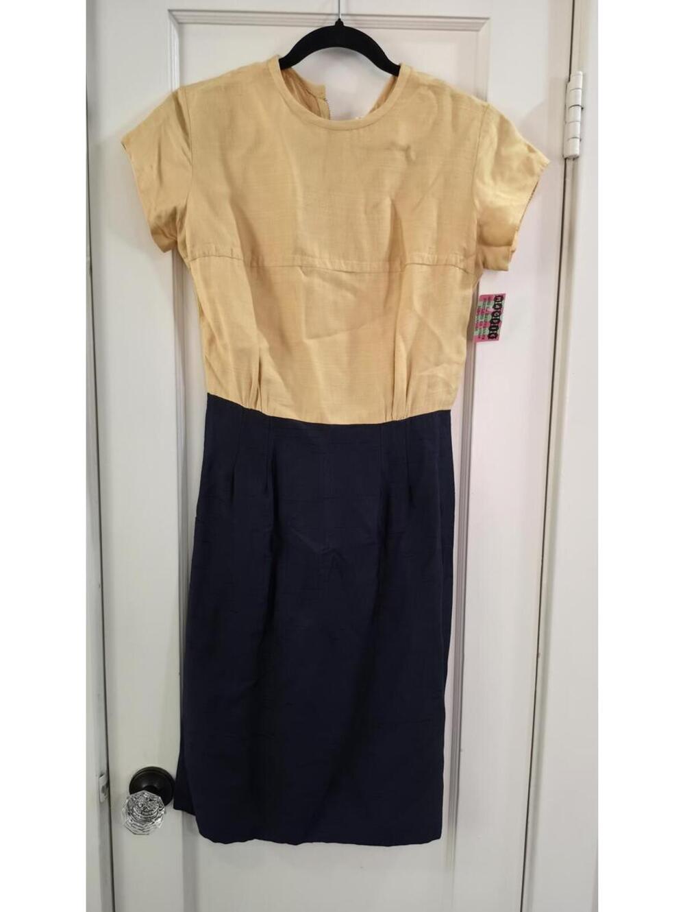 Elegant Raw Silk Midi Dress with Yellow Top and Navy Skirt